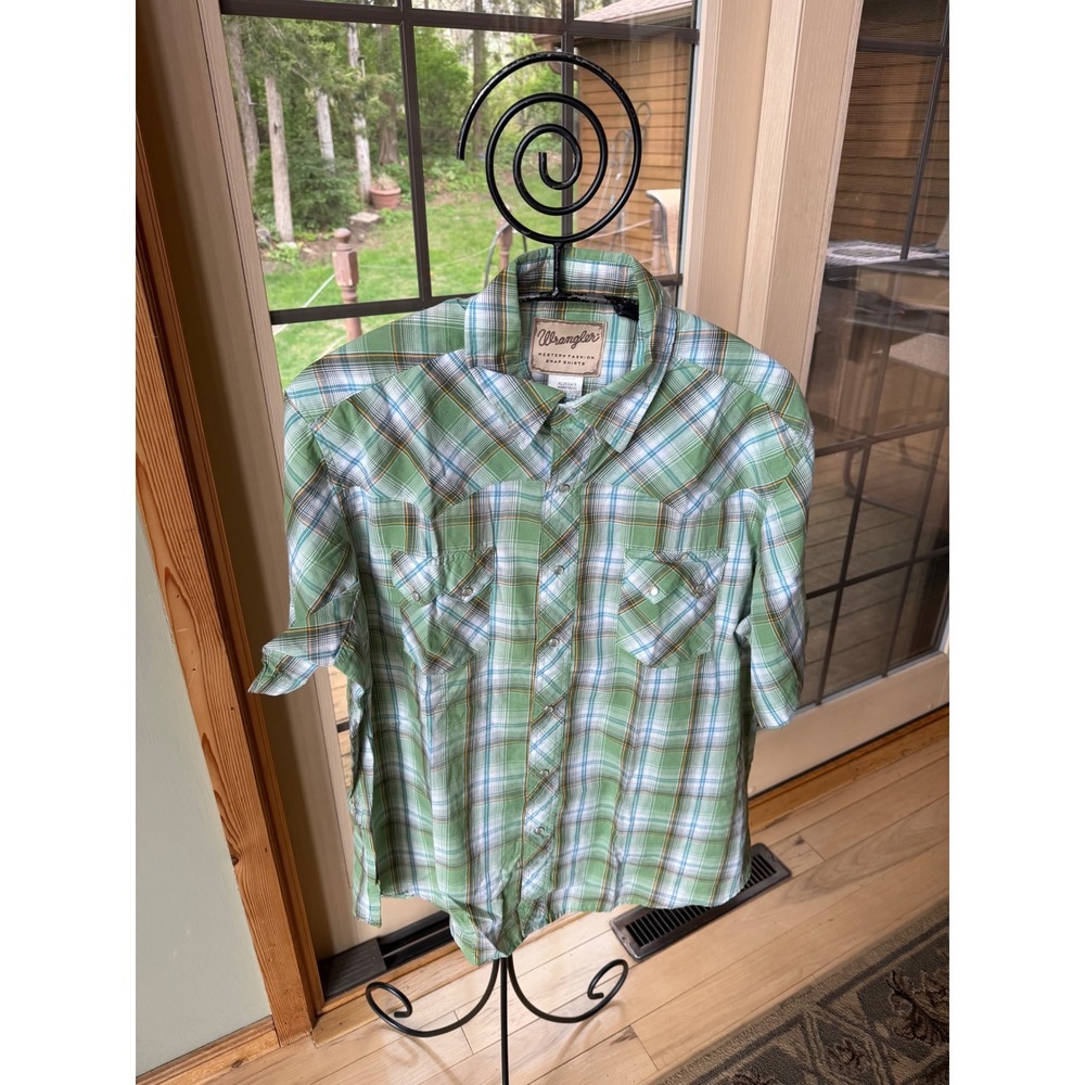Wrangler Mens XL Green Plaid Western Snap Shirt Short Sleeve WM976GN Cowboy
